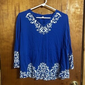 Chicos Blue Floral V Neck 3/4 Sleeve Blouse Size XL 3 Pima Cotton